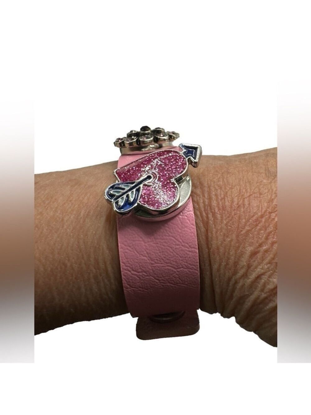 Pink Leather Snap Jewelry Bracelet w/ Flower    Snap & Two Pink Valentine Hearts